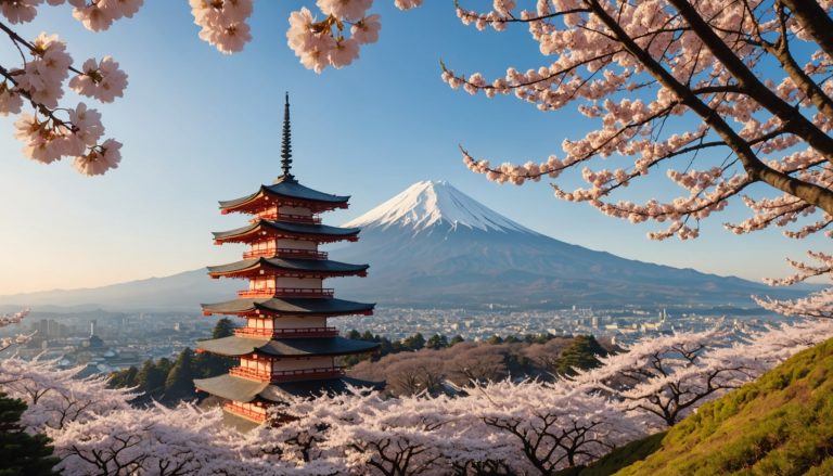 Mont Fuji entouré de cerisiers en fleurs, symbole d'un voyage au Japon