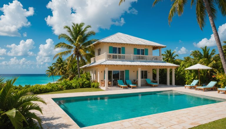 Illustration générée par IA : villa avec piscine privée en bord de mer aux Caraïbes, ambiance location de vacances