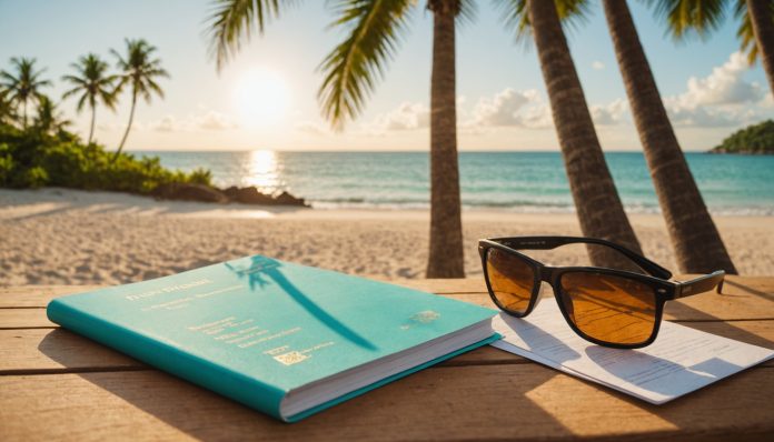 Assurance voyage pour un séjour à Trinidad et Tobago Plage turquoise à Trinidad et Tobago avec passeport et lunettes de soleil au premier plan
