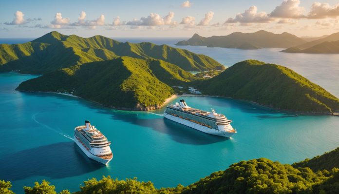 Bateau de croisière ancré dans une baie turquoise des Caraïbes