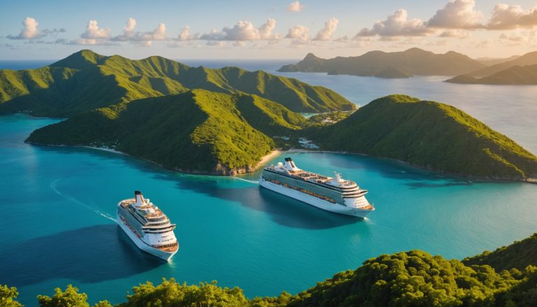 Bateau de croisière ancré dans une baie turquoise des Caraïbes