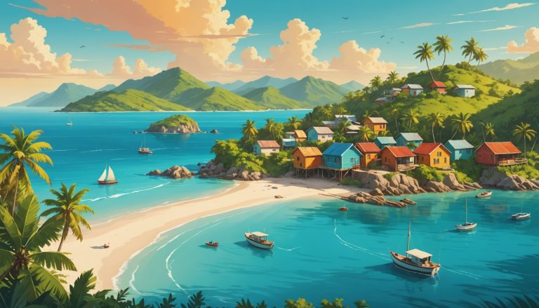 Illustration générée par IA d'un littoral caribéen avec village de pêcheurs et plage, illustrant les zones où se loger à Trinidad & Tobago