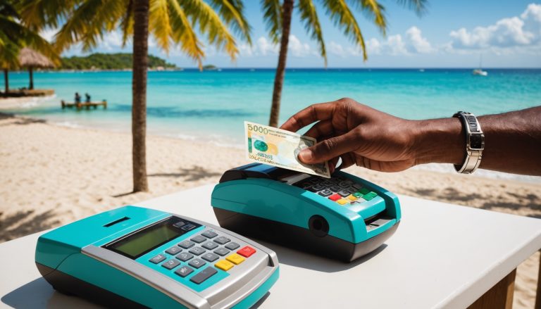 Touriste payant en dollars jamaïcains et carte bancaire dans un resort en Jamaïque