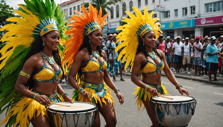 Danseurs en costumes de plumes colorés lors de la parade du Carnaval de Trinité-et-Tobago