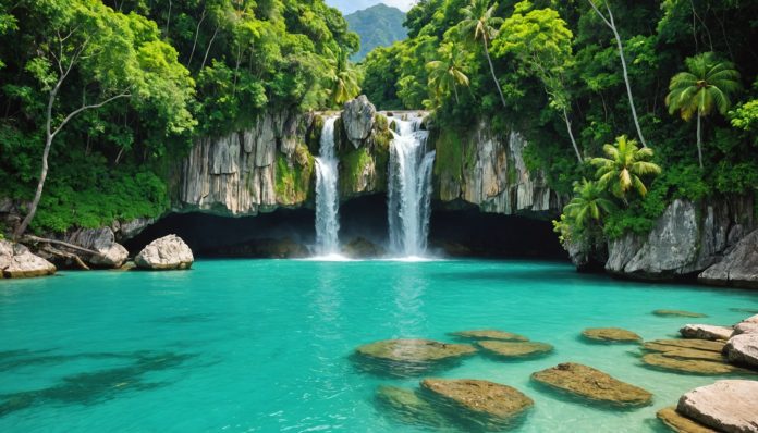 Chute d'eau tropicale en Jamaïque Illustration générée par IA d'une chute d'eau tropicale, ne représente pas un site exact