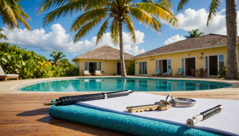 Villa de location de vacances aux Caraïbes avec piscine privée et clés sur une table