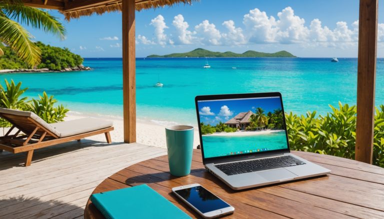 Villa tropicale au bord de l'eau aux Caraïbes avec réservation en ligne sur ordinateur portable